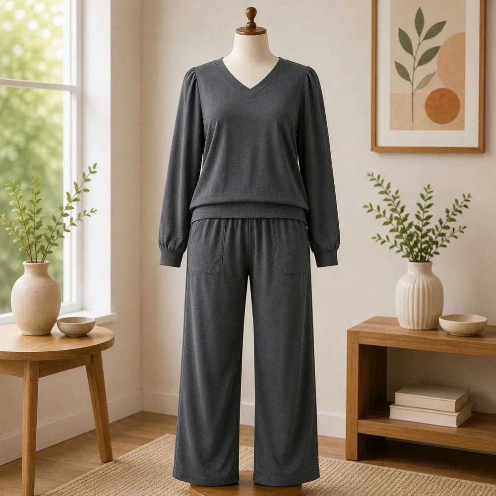 AnyBody Mens Plus Size 4X Black Lounge Set V-Neck Puff Sleeve‎ Top Elastic Pants